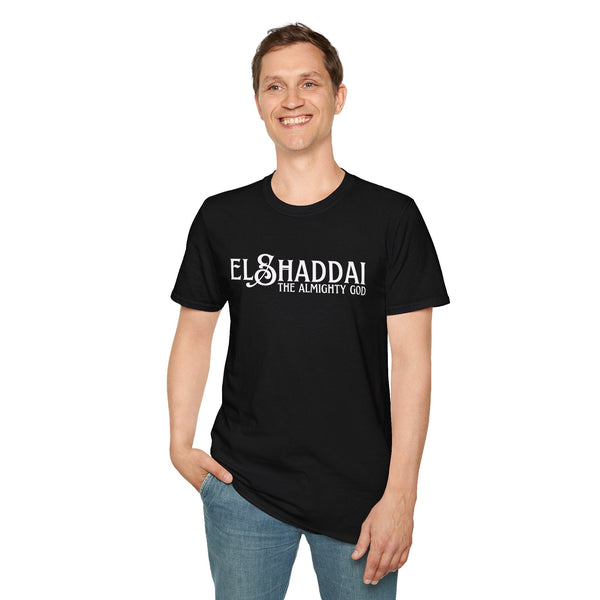 Black El Shaddai Almighty God Christian faith t shirt worn by man front view