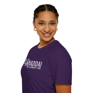 Purple El Shaddai Almighty God Christian faith t shirt worn by woman front view