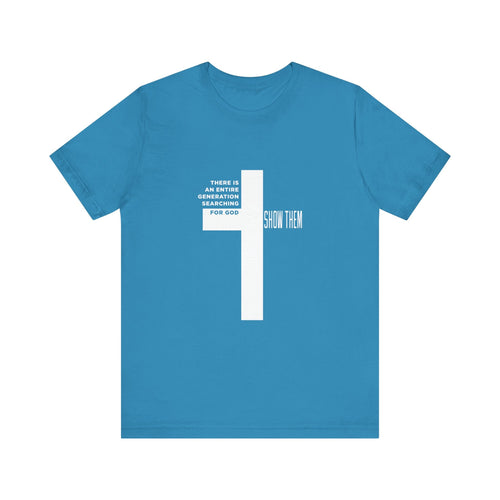 Aqua blue Christian faith t-shirt with cross design front view