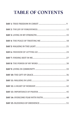 List of first devotional topics inside Freedom devotional journal