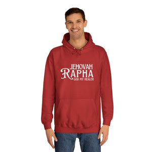 Man wearing red Jehovah Rapha Christian hoodie