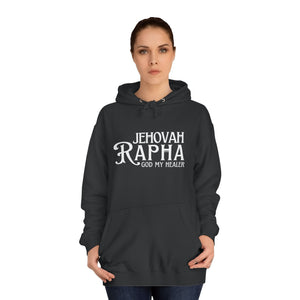 Woman wearing black Jehovah Rapha Christian hoodie