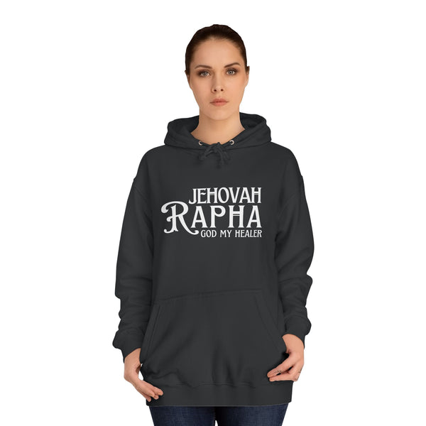 Woman wearing black Jehovah Rapha Christian hoodie