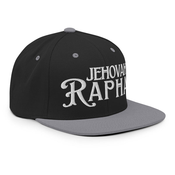 Black and gray Jehovah Rapha flat bill trucker hat