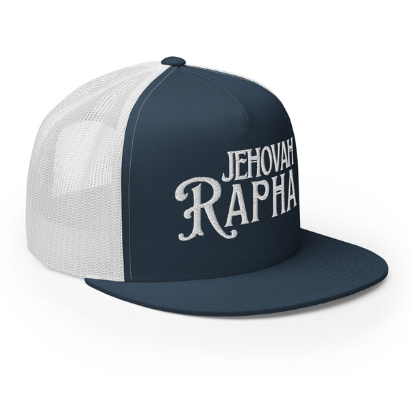 Blue and white Jehovah Rapha embroidered flat bill trucker hat side profile