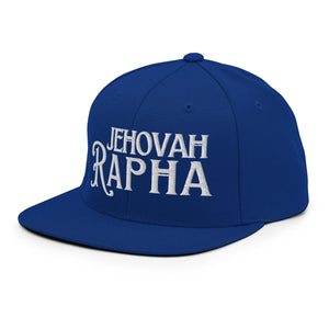 Blue Jehovah Rapha flat bill trucker hat front view