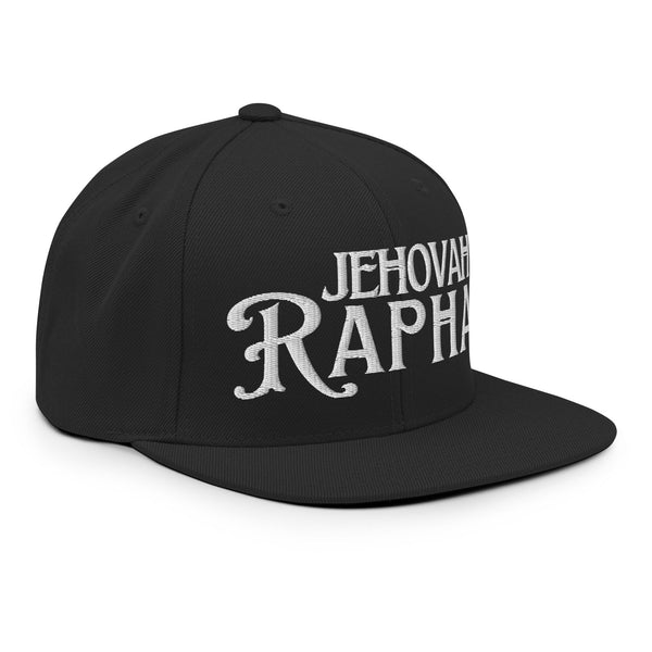 Black Jehovah Rapha flat bill trucker hat front view