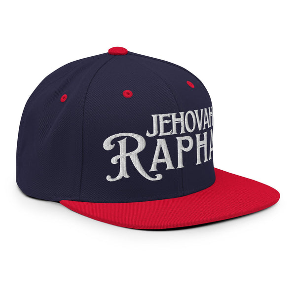 Navy and Red Jehovah Rapha flat bill trucker hat side view
