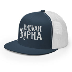 Blue and white Jehovah Rapha embroidered flat bill trucker hat angled view