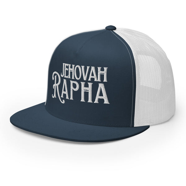 Blue and white Jehovah Rapha embroidered flat bill trucker hat angled view