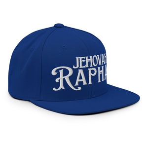 Blue Jehovah Rapha flat bill trucker hat side view