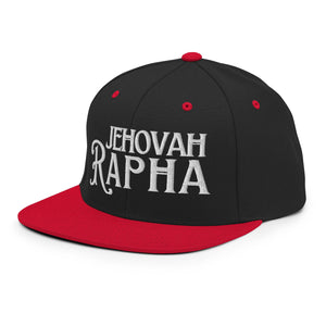 Front angle view of black and red Jehovah Rapha trucker hat