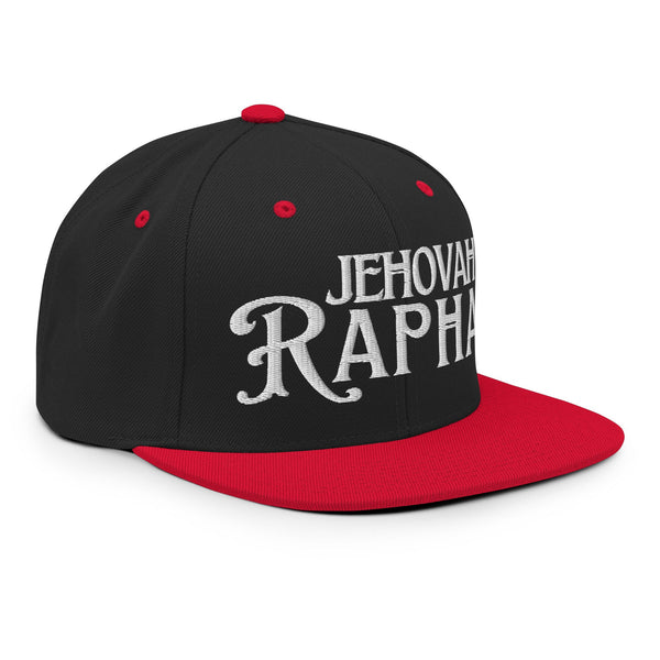 Side angle view of black and red Jehovah Rapha flat bill trucker hat