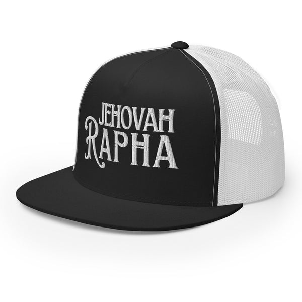 Black and white Jehovah Rapha embroidered flat bill trucker hat side profile