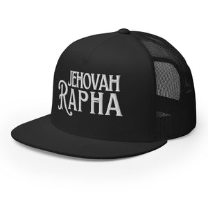 Black Jehovah Rapha embroidered flat bill trucker hat side profile