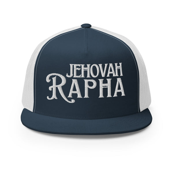 Blue and white Jehovah Rapha embroidered flat bill trucker hat front view