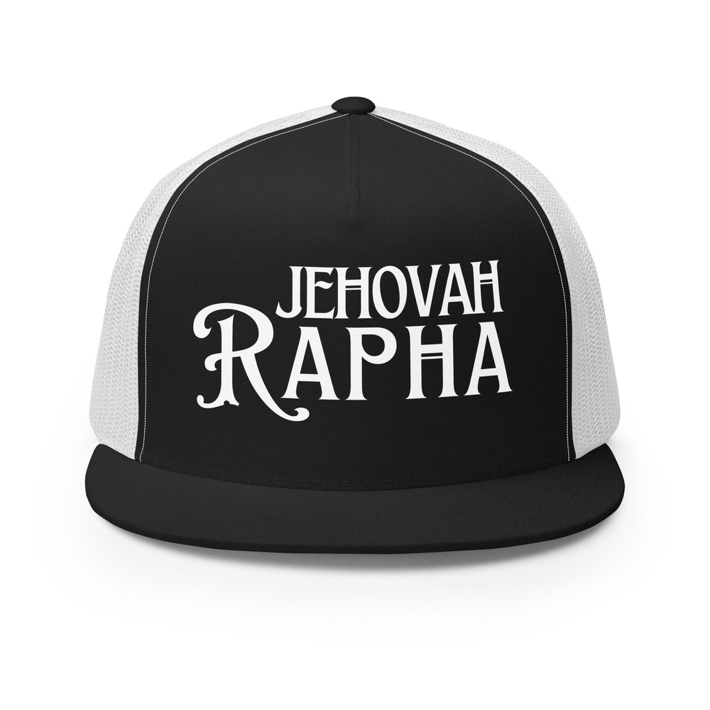 Black and white Jehovah Rapha flat bill trucker hat front view