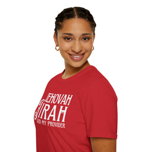 Red Jehovah Jireh God My Provider Christian t shirt worn by woman front view