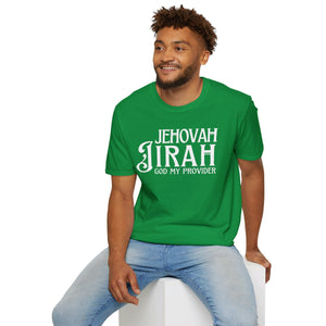 Green Jehovah Jireh God My Provider t shirt worn by male model front view