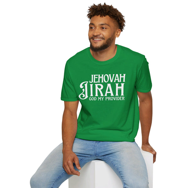 Green Jehovah Jireh God My Provider t shirt worn by male model front view