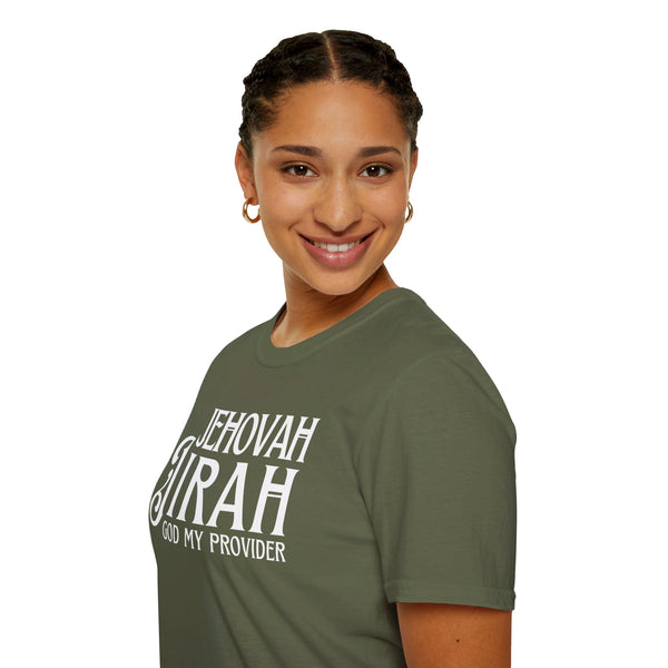 Army green Jehovah Jireh (God My Provider) Christian t-shirt worn by woman front view
