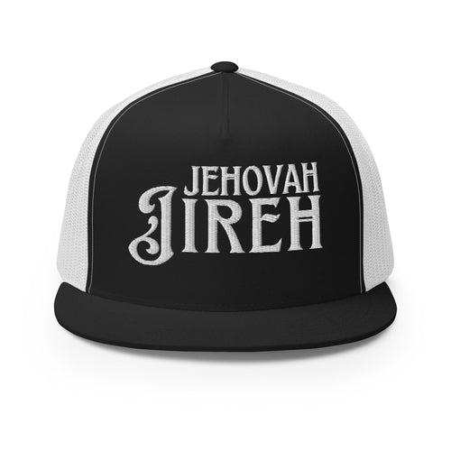 Black and white Jehovah Jireh embroidered flat bill trucker hat close up embroidery