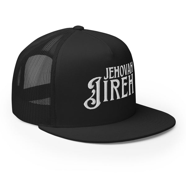 Black Jehovah Jireh embroidered flat bill trucker hat side view
