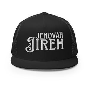 Black Jehovah Jireh embroidered flat bill trucker hat front view