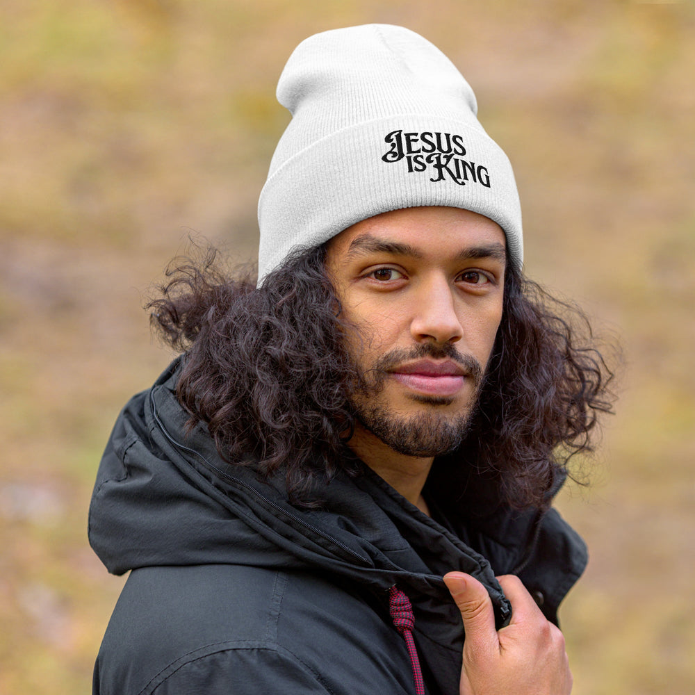 Jesus Is King Christian beanie white faith-based headwear