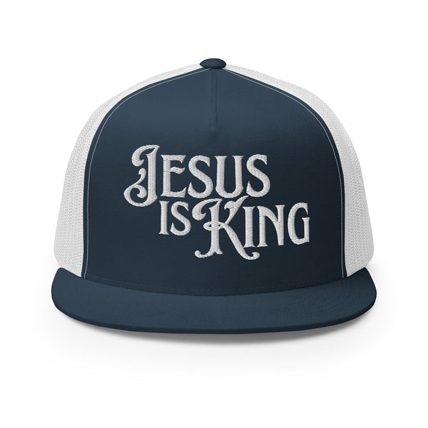 Front view of Jesus Is King classic trucker hat