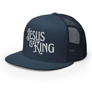 Navy Jesus Is King classic flat bill trucker hat