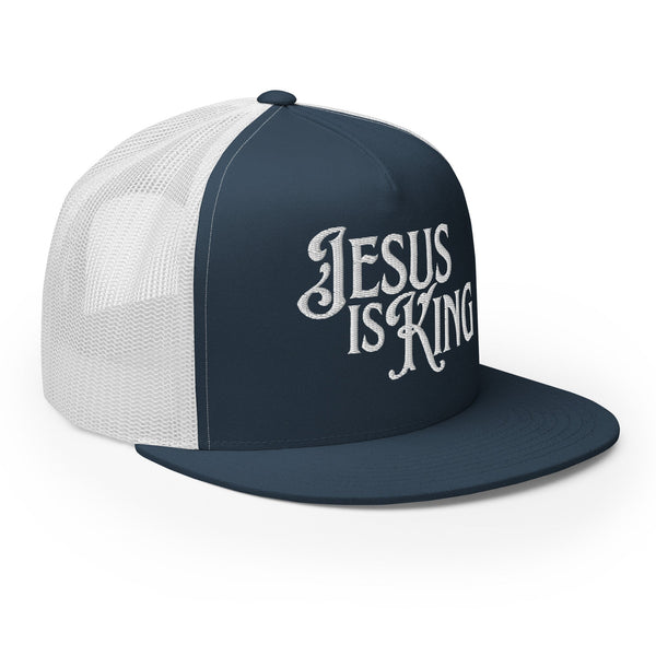 Side view of Jesus Is King classic flat bill trucker hat