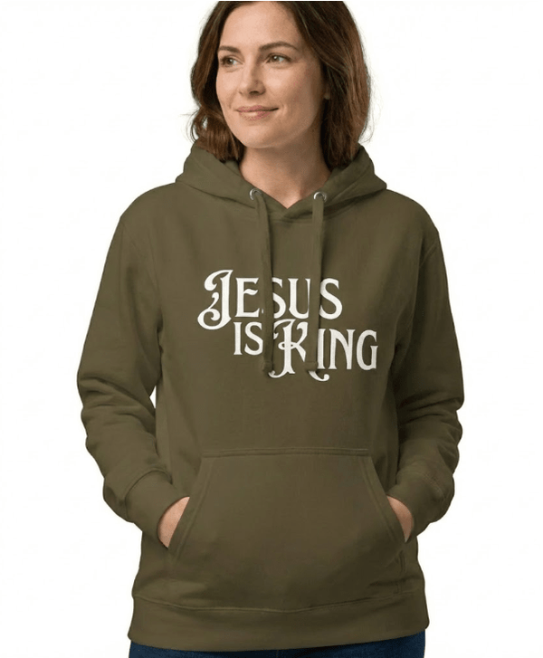 Olive Jesus Is King Christian hoodie worn by woman