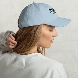Light blue Jesus Is King women’s dad hat with DTG print