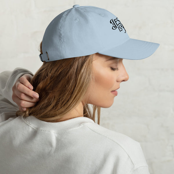 Light blue Jesus Is King women’s dad hat with DTG print