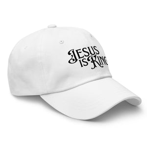 Angled view of white Jesus Is King women’s dad hat