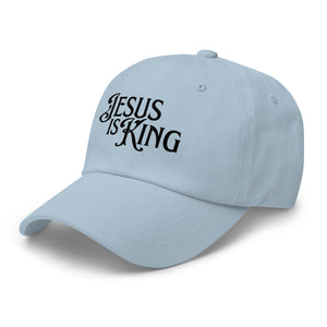 Angled view of light blue Jesus Is King women’s dad hat