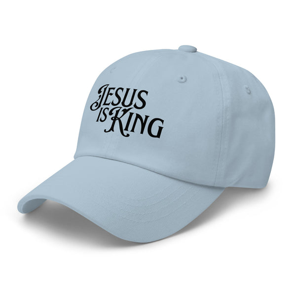Angled view of light blue Jesus Is King women’s dad hat