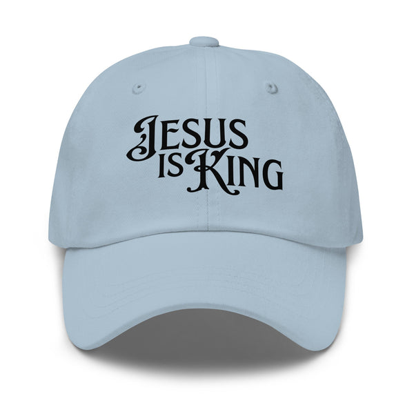Light blue Jesus Is King women’s dad hat with DTG print