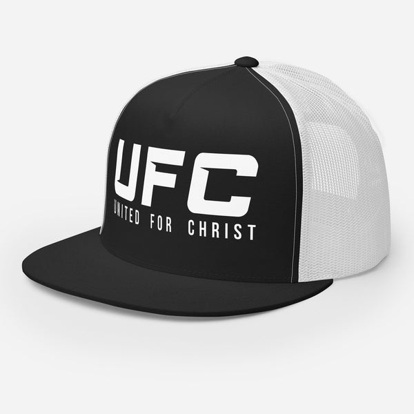 Black and white UFC United for Christ trucker cap flat bill