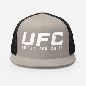 Grey UFC United for Christ flat bill trucker cap
